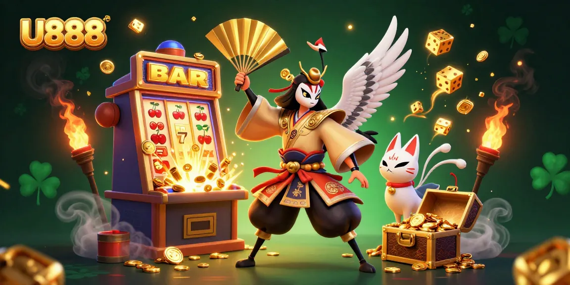 Experience U888's exciting energy with a kabuki warrior and jackpot-winning slot machine in a vibrant casino-themed illustration.