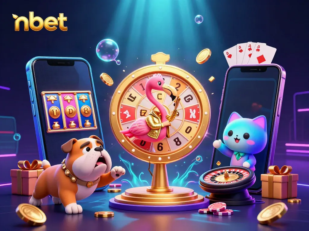 Excited betting scene showcasing nbet with game show host flamingo, bulldog, and scoreboard cat amidst vibrant casino elements.