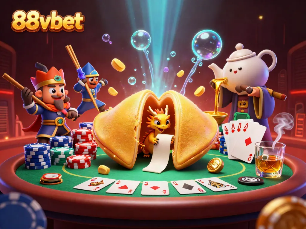 Experience the thrill of 88vbet with a dynamic casino scene featuring fortune cookies and poker elements.