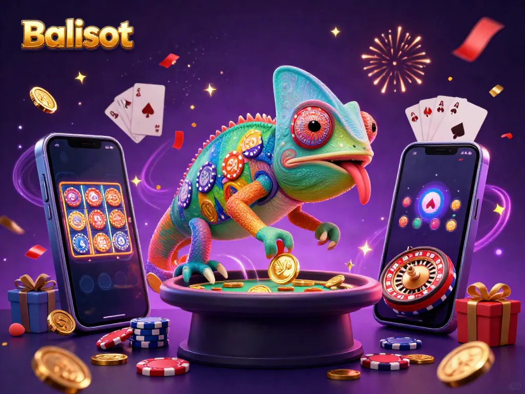 Experience the vibrant Balislot casino scene with a colorful chameleon and gaming elements.