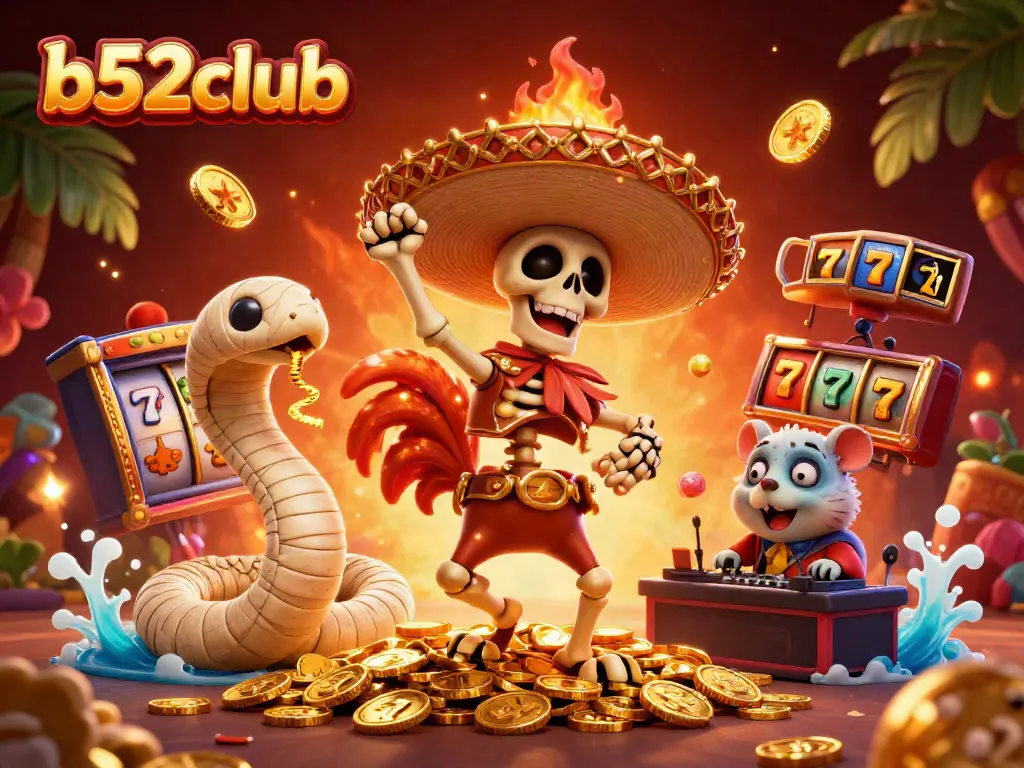 Experience the excitement of winning at b52club with an animated scene of cartoon characters celebrating around golden casino elements.