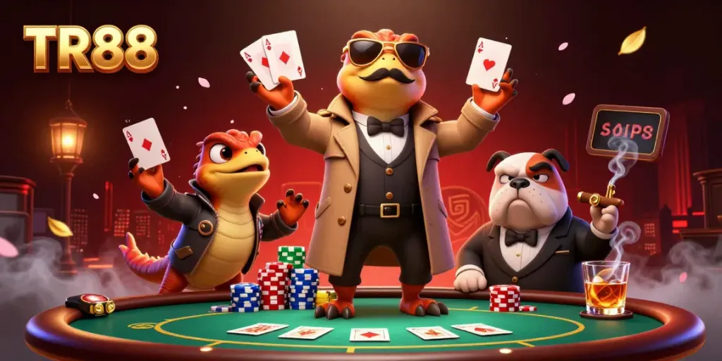Raptors entering a VIP casino lounge, TR88 logo in the corner, poker elements surrounding action.