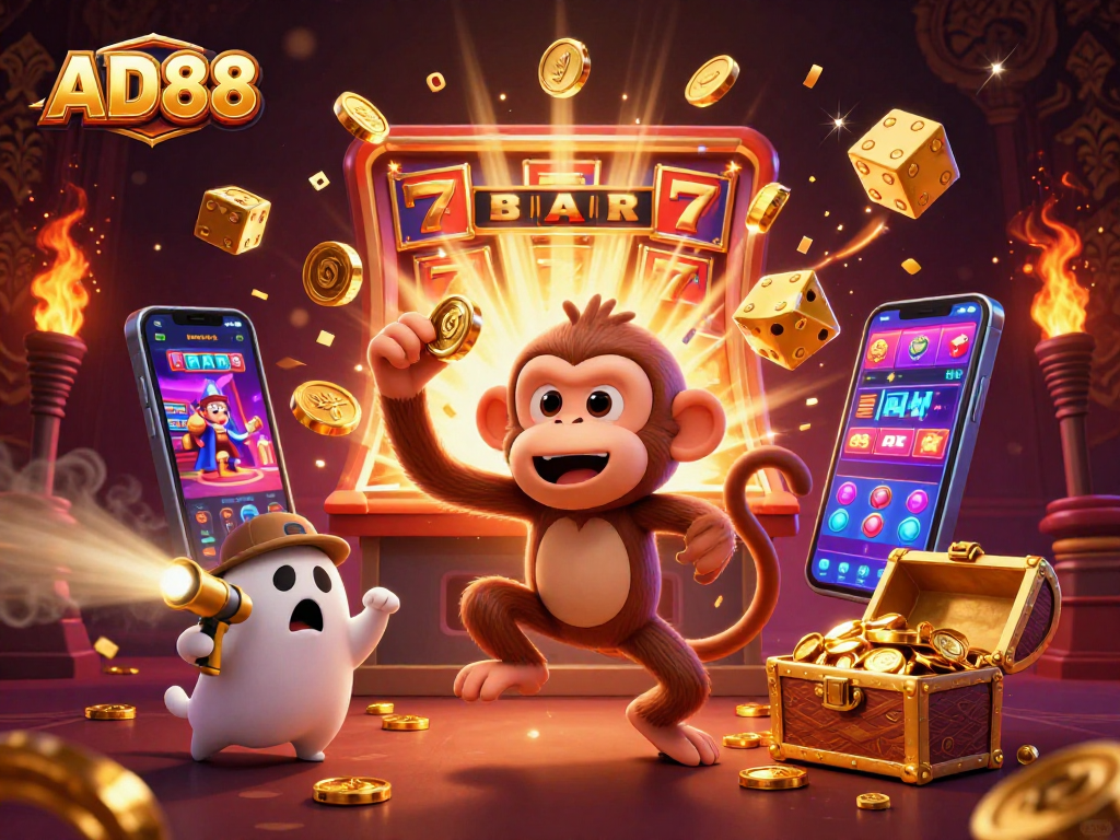 Engage with the thrilling gaming experience at AD88 as a mischievous poltergeist juggles golden treasures.