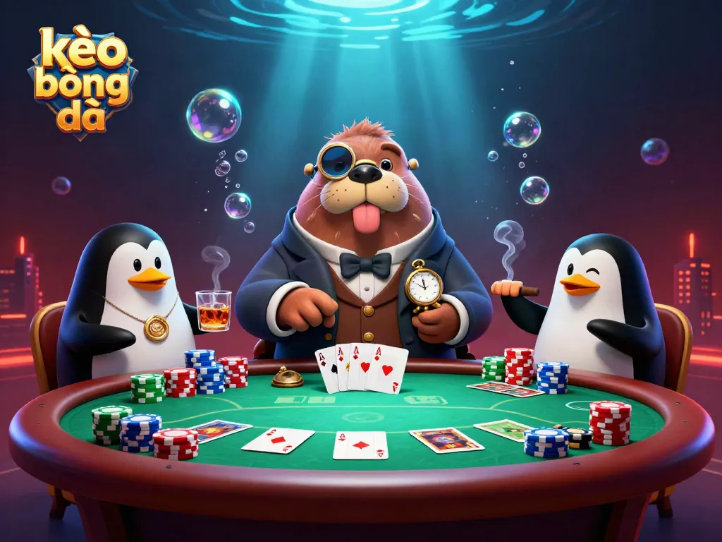 Engaging underwater poker scene featuring kèo bóng đá with a walrus, penguin dealer, and a bluffing pufferfish.