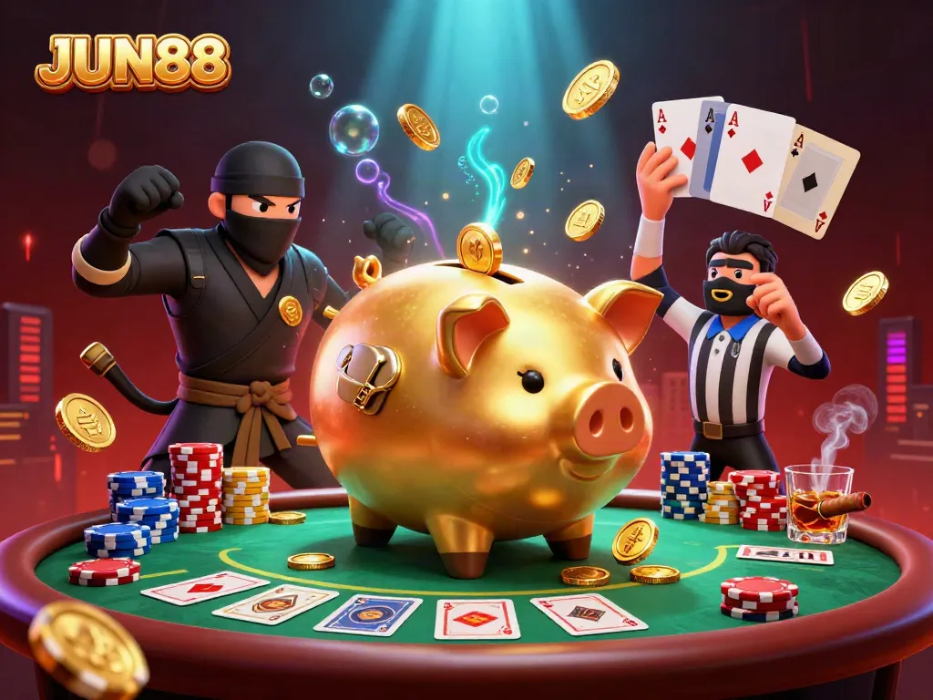 Experience JUN88 excitement with a giant golden piggy bank sumo wrestler shaking coins in a vibrant casino.