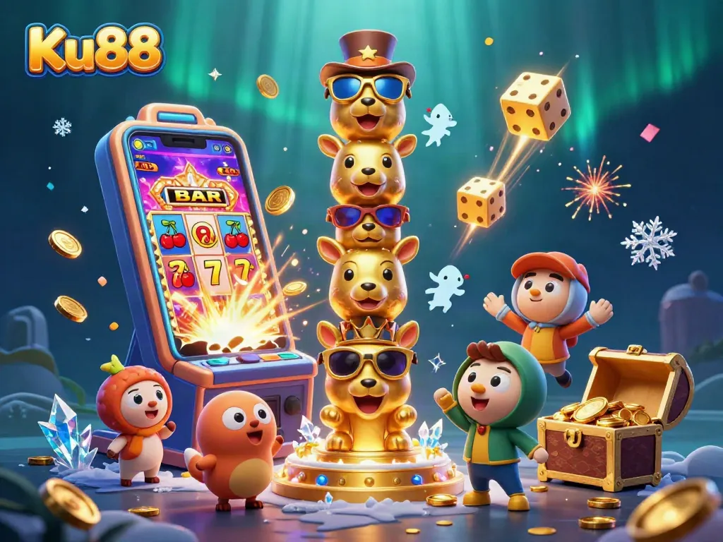 Engage in thrilling gaming adventures at Ku88 with our vibrant 3D illustration showcasing excitement and bonuses.