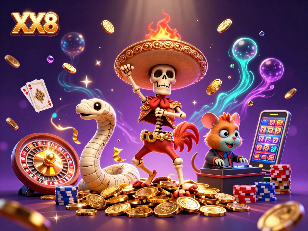 Experience the excitement of XX8 with a vibrant 3D illustration featuring characters and casino elements.