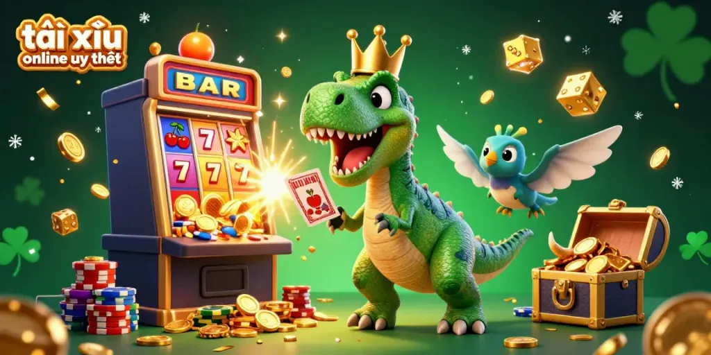 This captivating scene showcases the lively atmosphere of tài xỉu online uy tín with a T-Rex and friends surrounded by casino elements.
