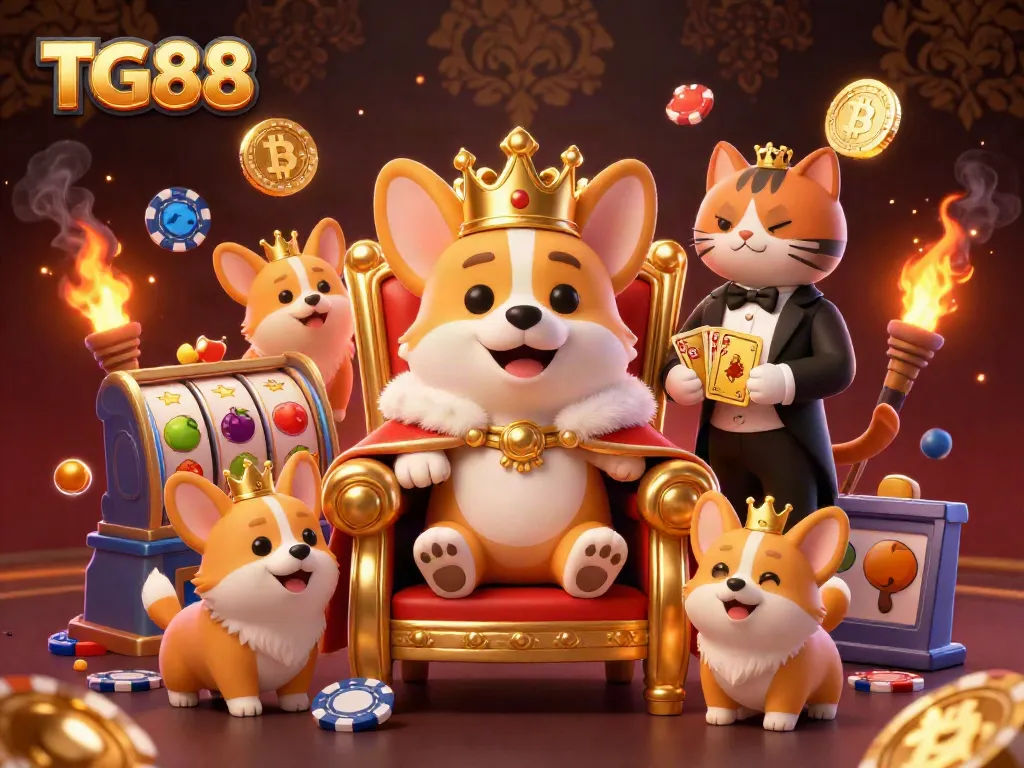 Maximize your chances at TG88 with a vibrant 3D casino scene showcasing royal corgis amidst glowing crypto coins and slot games.