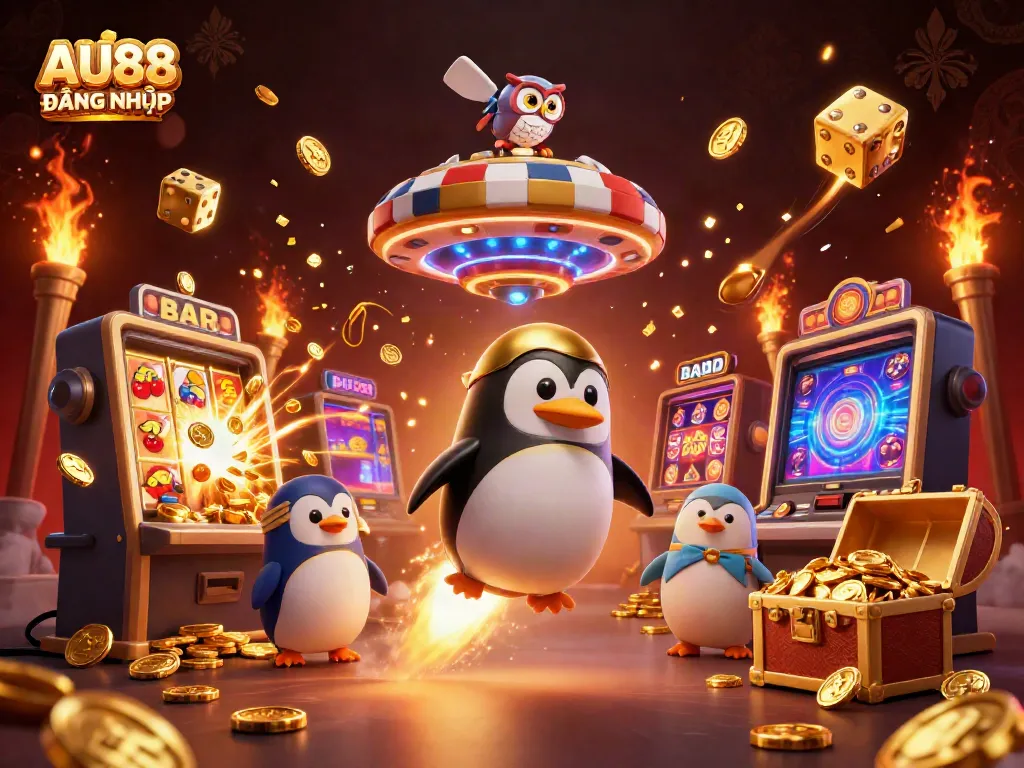 Experience the excitement of AU88 ĐĂNG NHẬP with a golden penguin flying towards a casino, surrounded by slot game elements and vibrant effects.