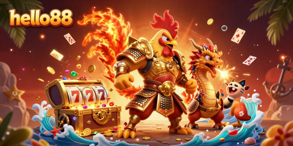 Play and win with hello88 in a high-energy online casino environment, featuring dynamic characters and game elements.