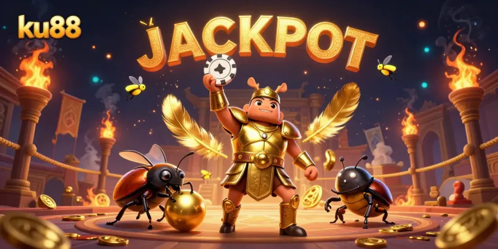 Experience the thrill of ku88 with a victorious beetle in golden armor amidst casino glory.