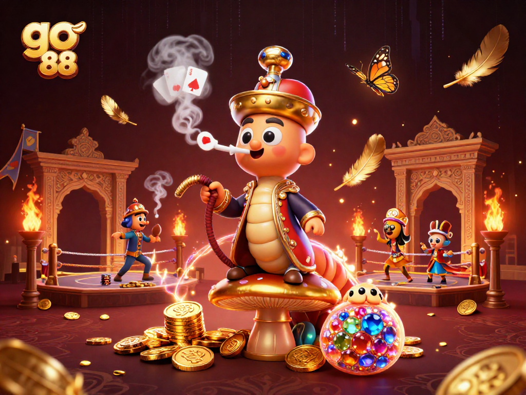 Engage with go 88's vibrant 3D casino world featuring a whimsical caterpillar and luxurious elements.