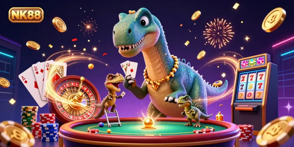 Engage in vibrant casino fun with NK88, featuring dinosaur characters and dynamic gambling elements.