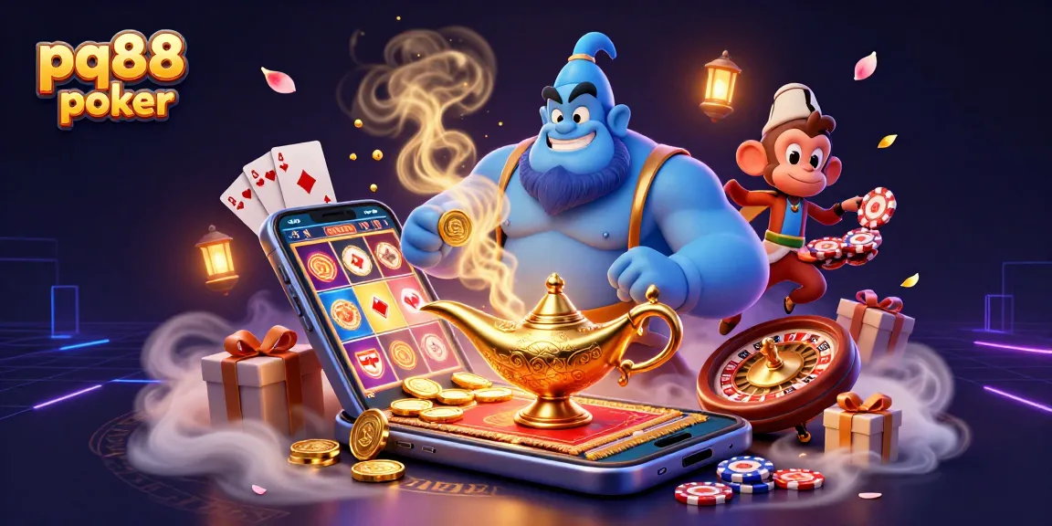 Engage with pq88 poker's vibrant scene featuring a genie, poker chips, and spinning slot reels, creating an enticing casino atmosphere.