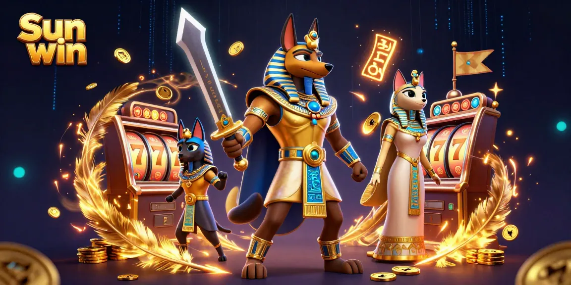 Experience thrilling Sun win adventures in this captivating casino scene with Anubis and Bastet.