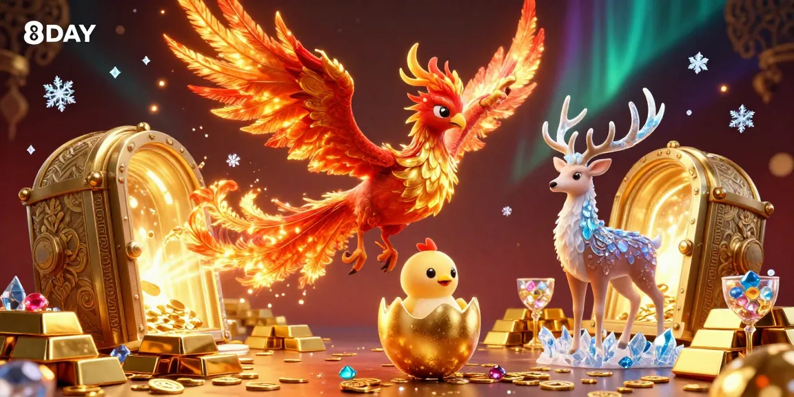 Experience the thrill of 8DAY with a vibrant 3D casino scene featuring dynamic characters and treasures.