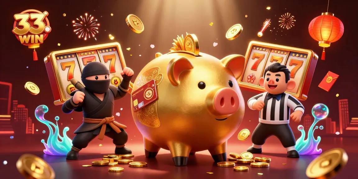 Win big at 33WIN with a dynamic casino illustration featuring a piggy bank wrestler, ninja, and referee in action.