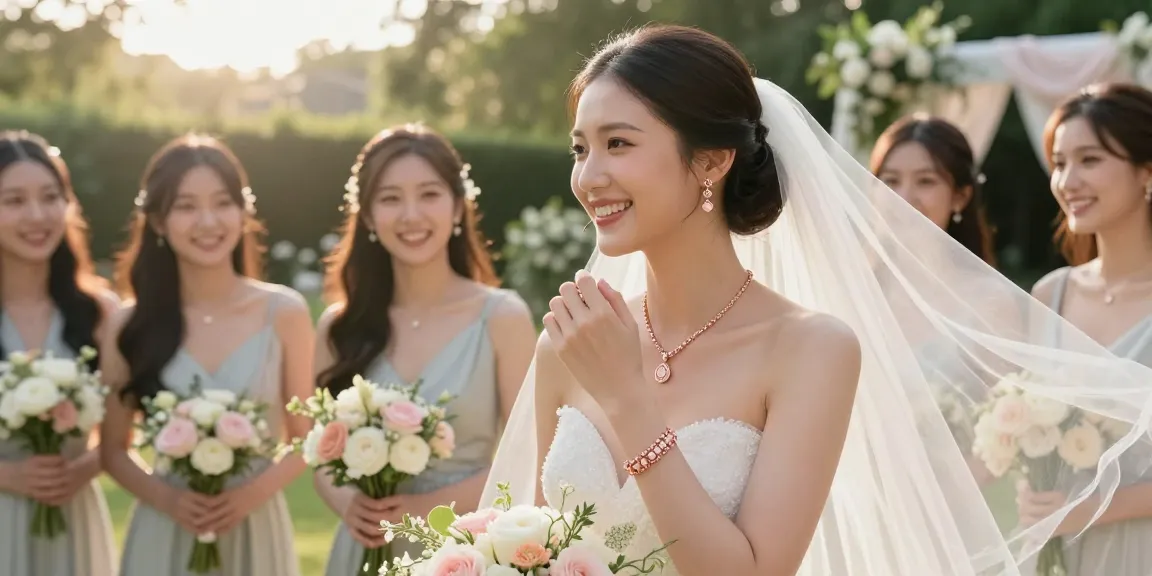 Rose gold bridal jewellery on a bride in a dreamy garden setting during sunset.