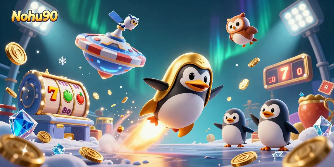 Nohu90 showcases a dynamic 3D casino scene with a golden penguin, slot reels, and vibrant elements.