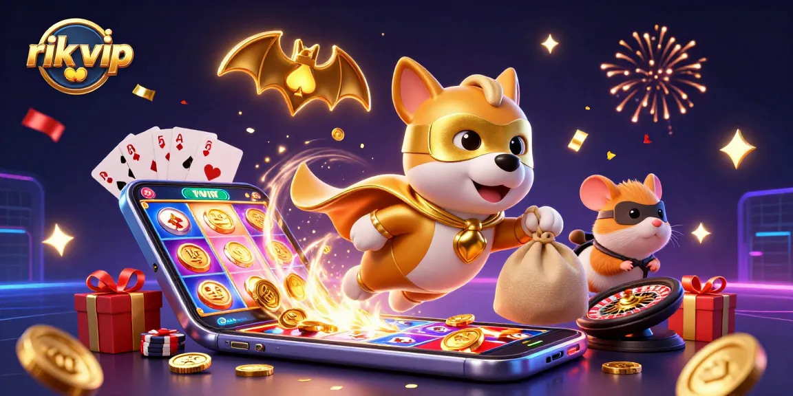 rik vip cartoon scene with a superhero dog flying through a casino themed setting, showcasing dynamic gaming elements