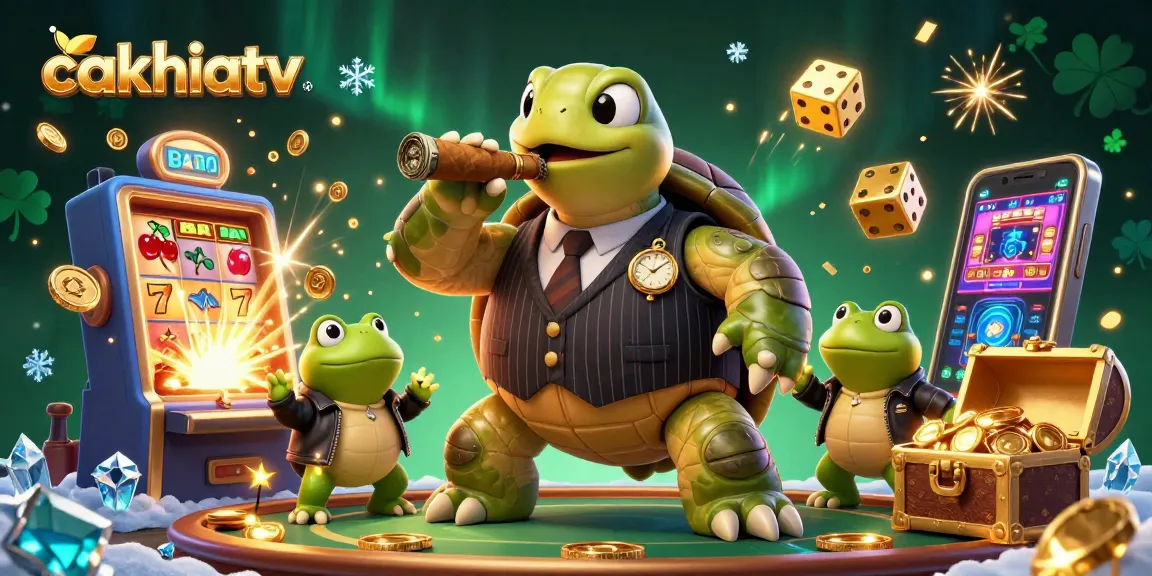 Cakhiatv features a vibrant scene with a turtle in a mobster suit and his bullfrog enforcers amidst dynamic casino elements.