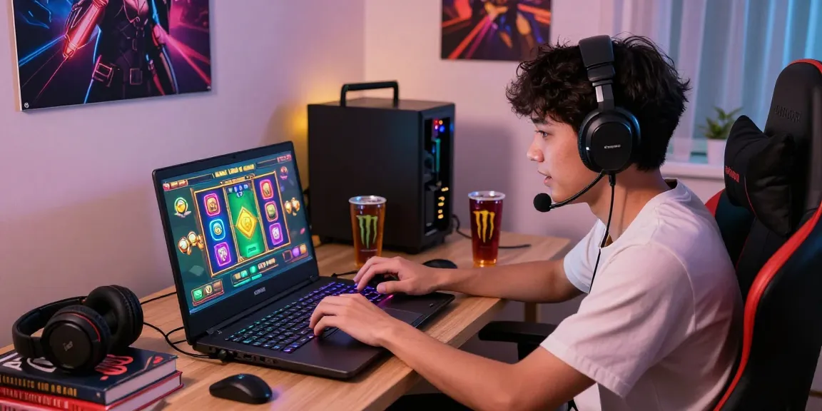 Player enjoying exciting slot games on a gaming laptop at home, reflecting the thrill of situs slot deposit 10 ribu.