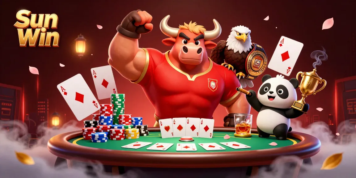 Experience the thrill of Sun Win with a vibrant casino scene featuring a bull mascot and gaming elements.