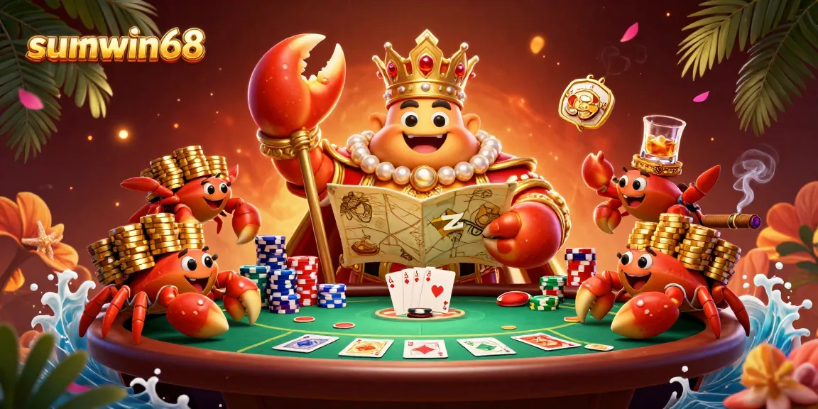 Experience thrilling poker action with sunwin68, featuring a golden crab emperor in a vibrant casino setting.