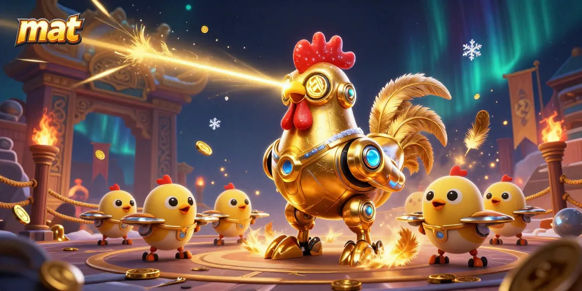 Engaging in thrilling mat casino adventures with golden rooster robot and baby chick drones.