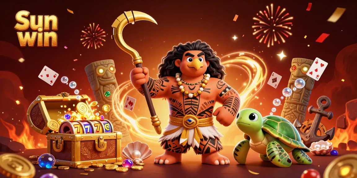 Experience the excitement of Sun win with a lively casino-themed illustration featuring vibrant characters and dynamic game elements.