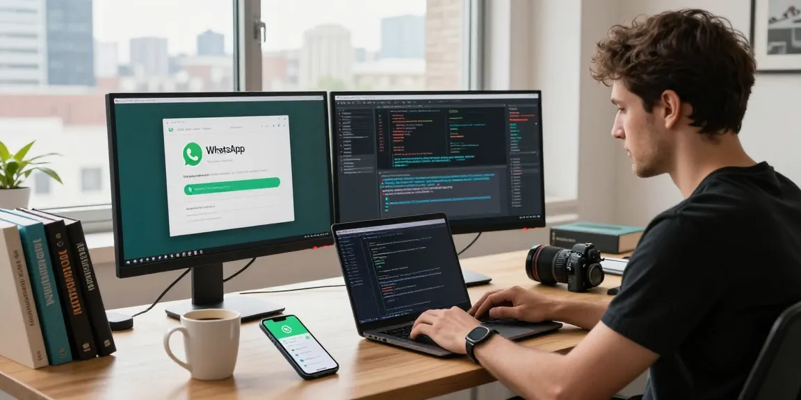 Developer using WhatsApp電腦版 on dual monitors in a modern workspace.