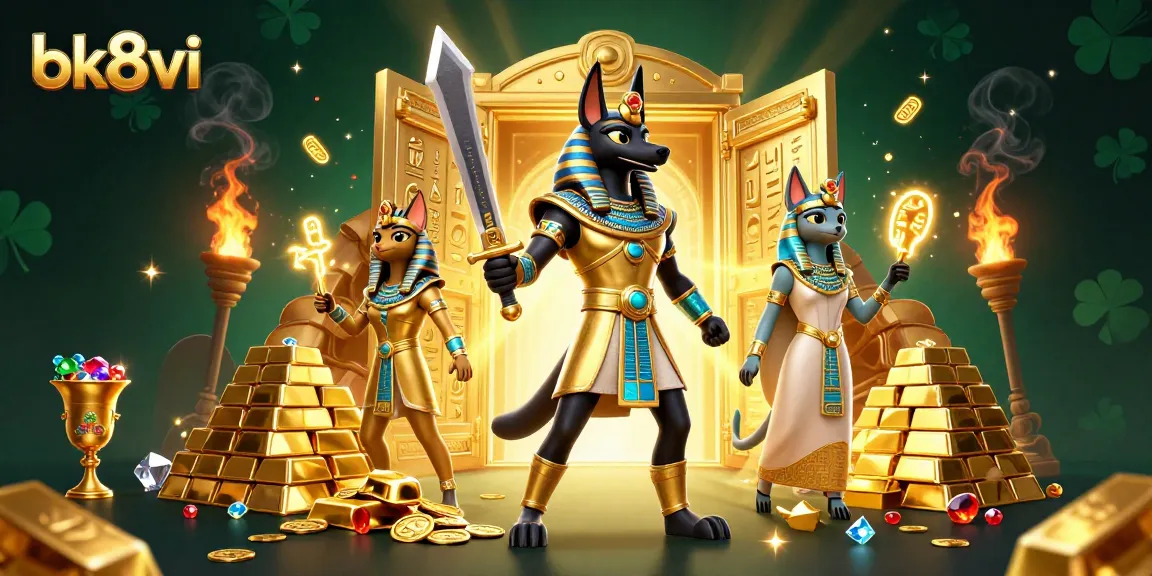 Engage in thrilling gaming with bk8vi as Anubis and Bastet uncover treasures in a vibrant casino.