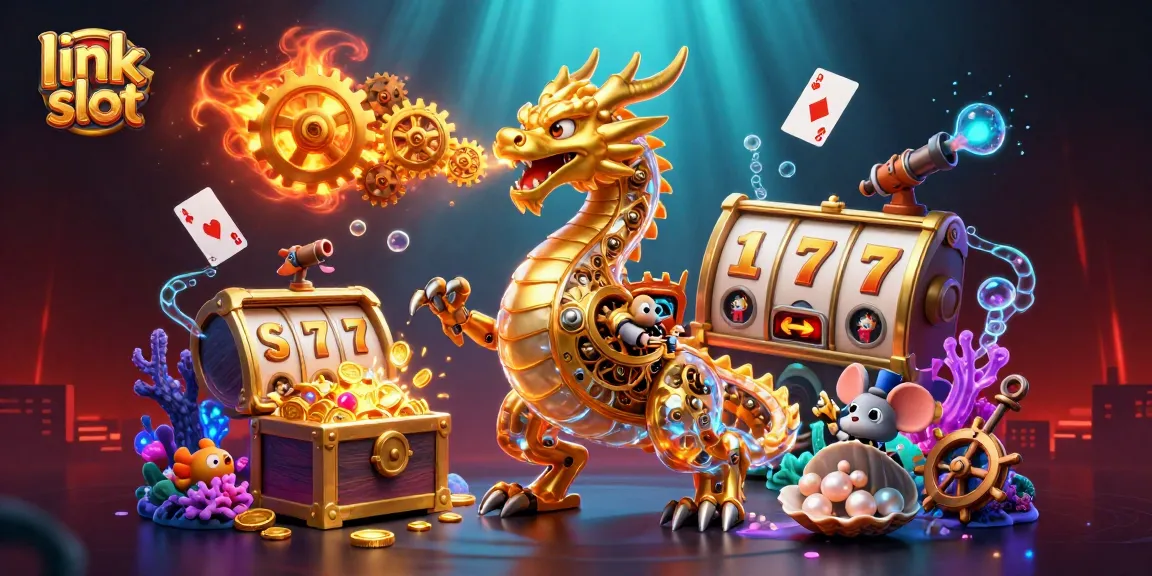 Engage with exciting link slot gaming featuring dynamic golden dragon and colorful slot symbols.