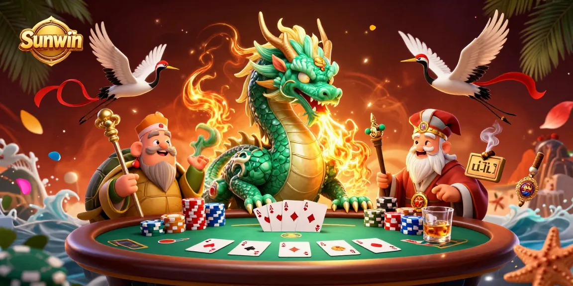 Sunwin powers a vibrant casino scene with a jade dragon and lucky cranes surrounded by poker elements.