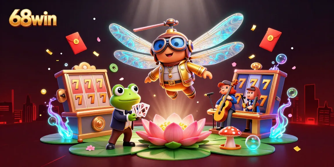 Experience luck at 68win with a vibrant dragonfly pilot, frog croupier, and jazz band in a lively casino setting.
