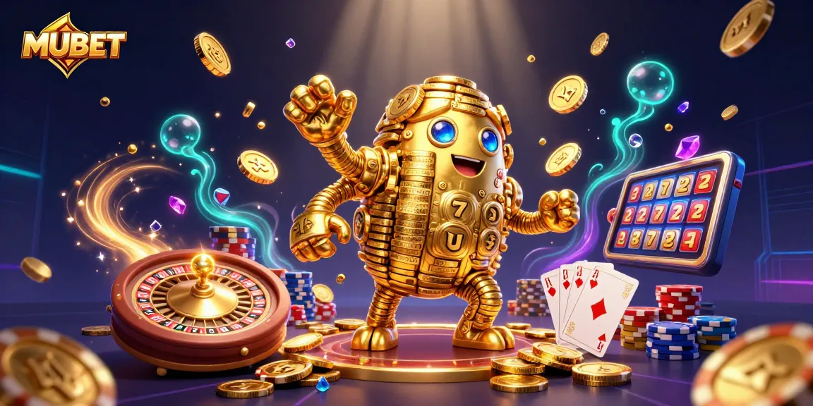 Spin the reels with MUBET in this vibrant casino scene full of golden treasures and gaming elements.