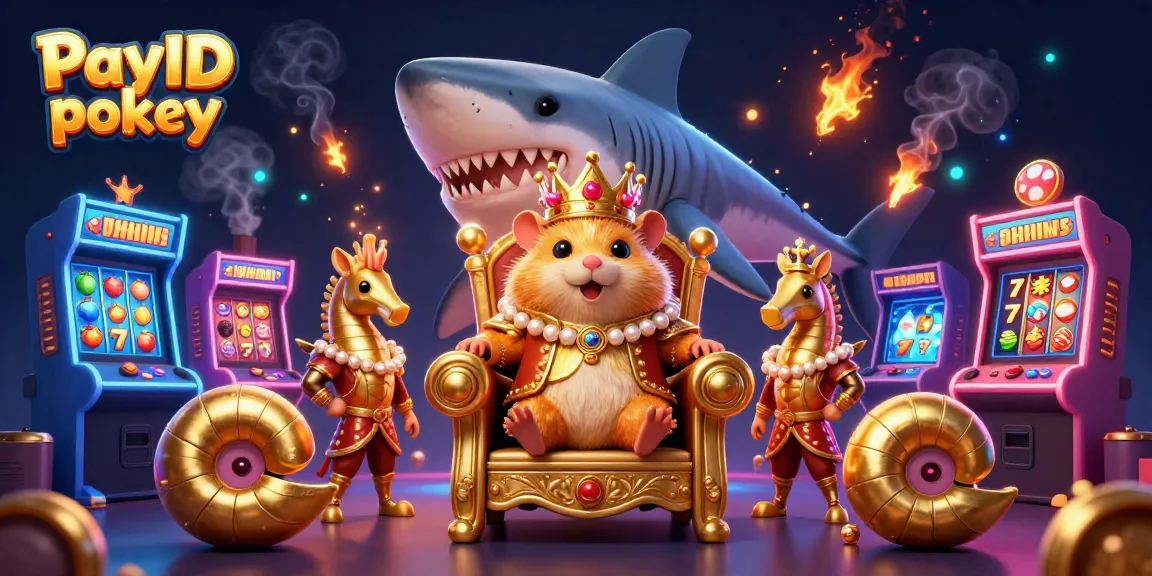 Spin PayID pokies with a fierce golden hamster king amidst vibrant casino elements.