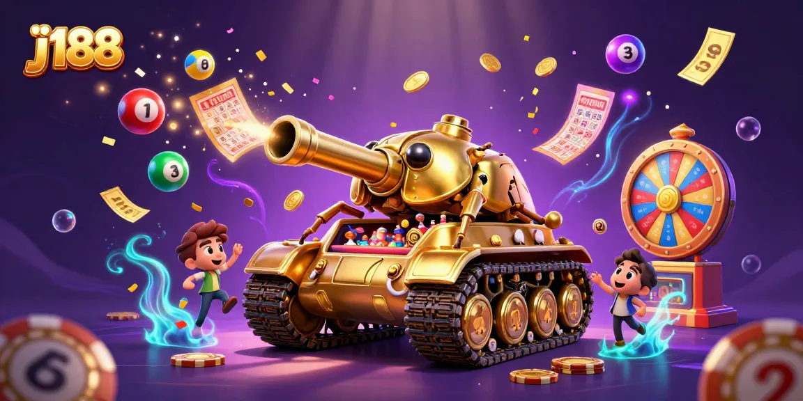 Experience the vibrant j188 gaming world with lottery balls flying above a golden casino beetle tank in action.