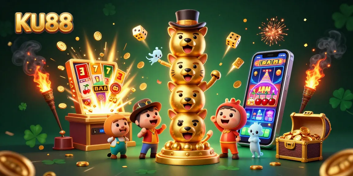 Experience the excitement of KU88 with vibrant casino elements and 3D characters in a colorful jackpot scene