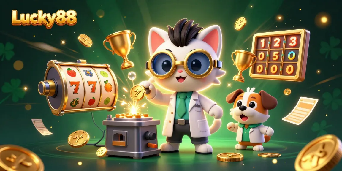 Spin the reels of Lucky88 as the mad scientist cat and dog create riches in a vibrant casino lab