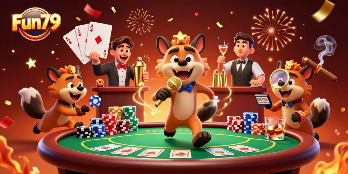 Experience Fun79’s dynamic casino atmosphere with hyenas in a vibrant 3D scene featuring poker action.