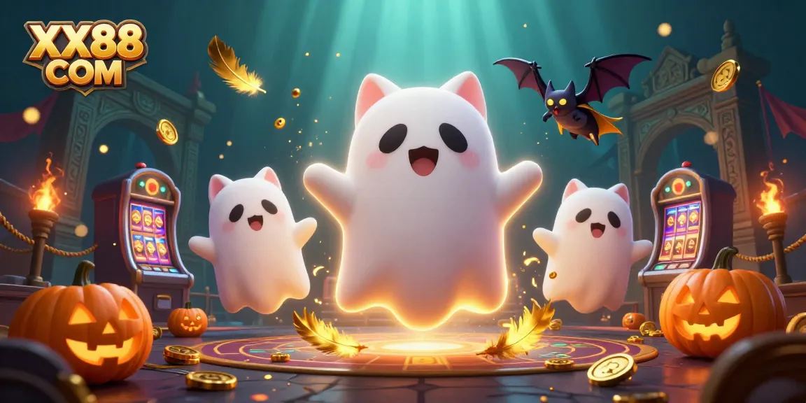 Engage in thrilling gambling with XX88 COM, featuring a ghost cat and haunted casino elements.