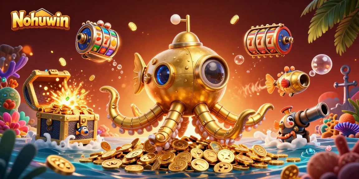 Nohuwin offers thrilling slot experiences with a golden kraken submarine amidst explosive treasure in a vibrant casino scene.