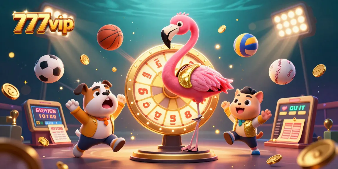 Betting excitement at 777vip as flamingo spins a prize wheel with sports balls and gold coins.