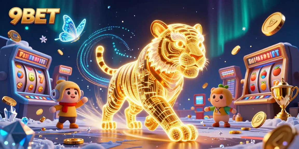 Experience the thrill of 9BET with a golden tiger in a vibrant casino landscape.