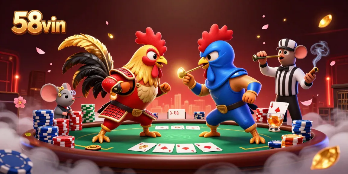 Engage with 58vin's thrilling poker showdown featuring samurai and ninja roosters in an electrifying standoff.
