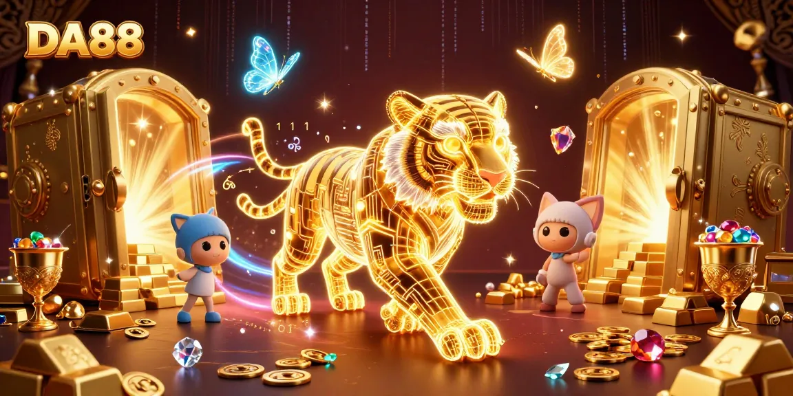 DA88 showcases a golden tiger navigating a vibrant casino, surrounded by treasures and energy.