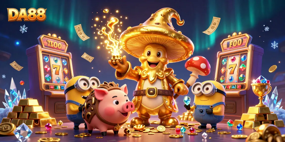 Spin the reels with DA88 and watch as treasure fills the screen in this vibrant casino scene.