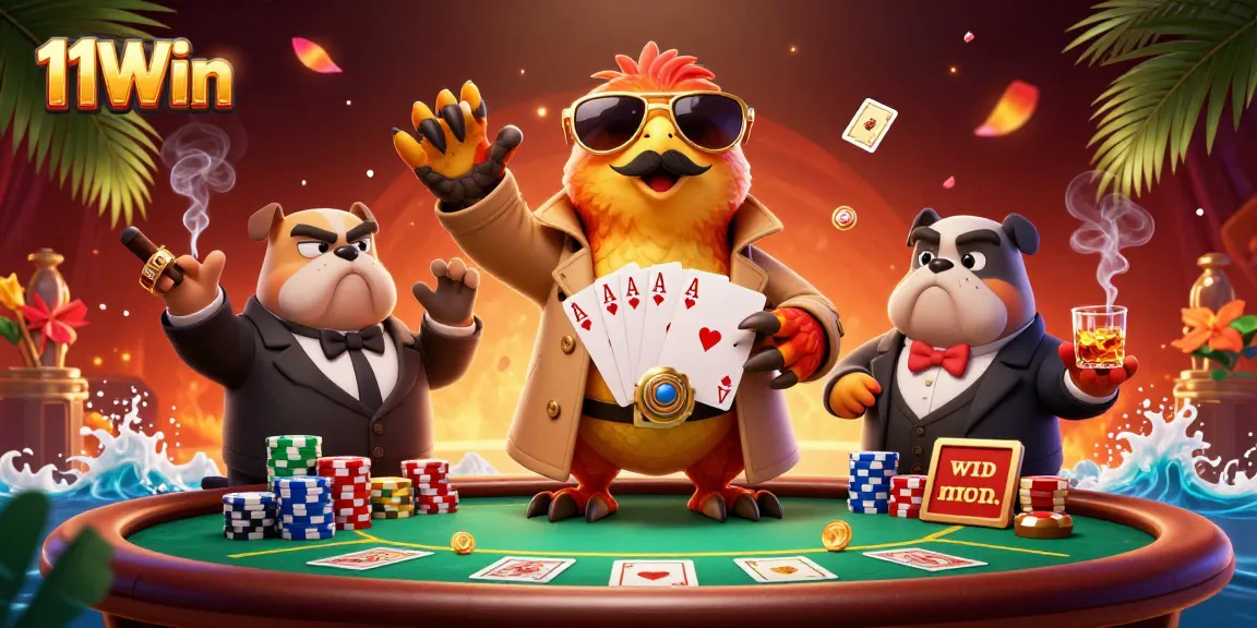 Engage in thrilling action at 11Win with vibrant casino elements and colorful poker chips.